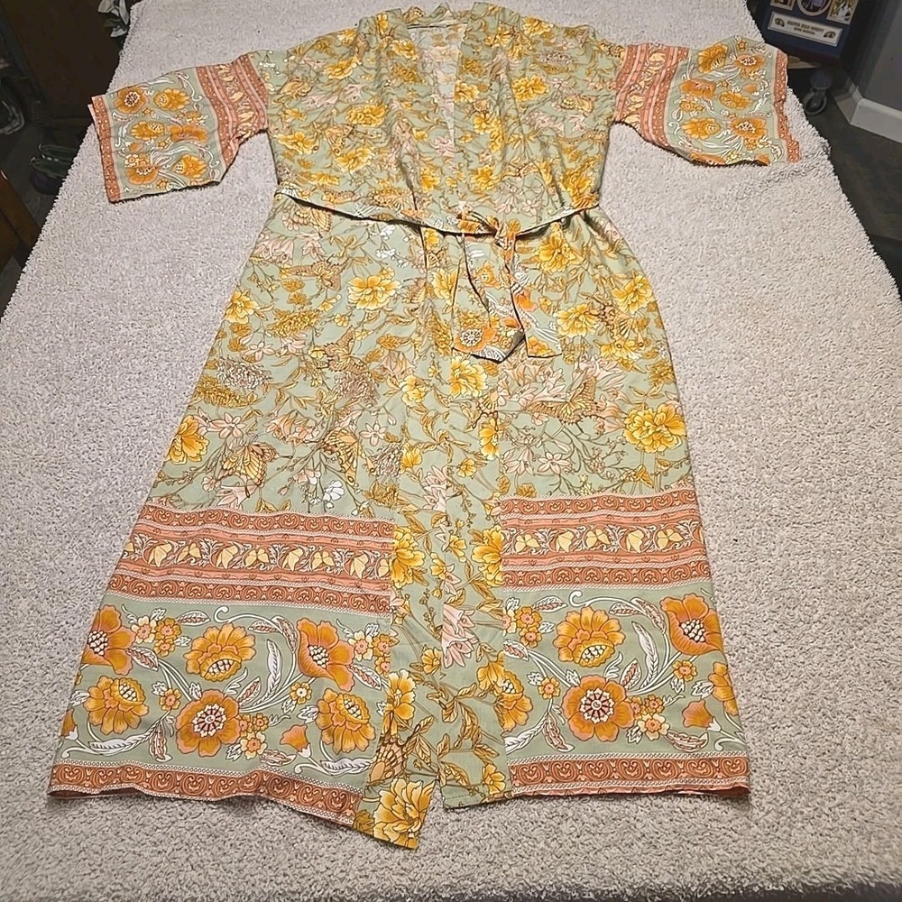 Sunday Up Long Kimono Duster Robe Coverup Green Pink Floral Butterfly Tie Size S